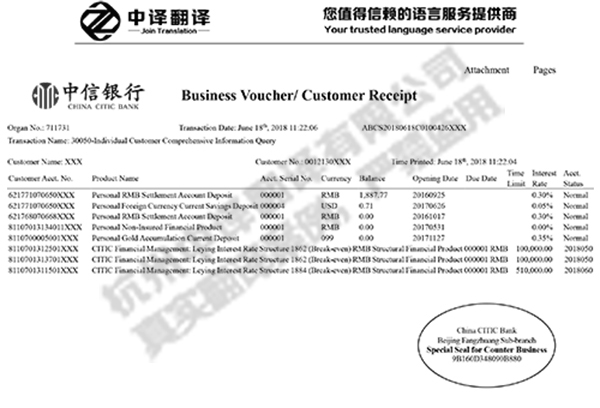 杭州中译翻译公司中信银行业务凭证（客户回单）翻译件模板