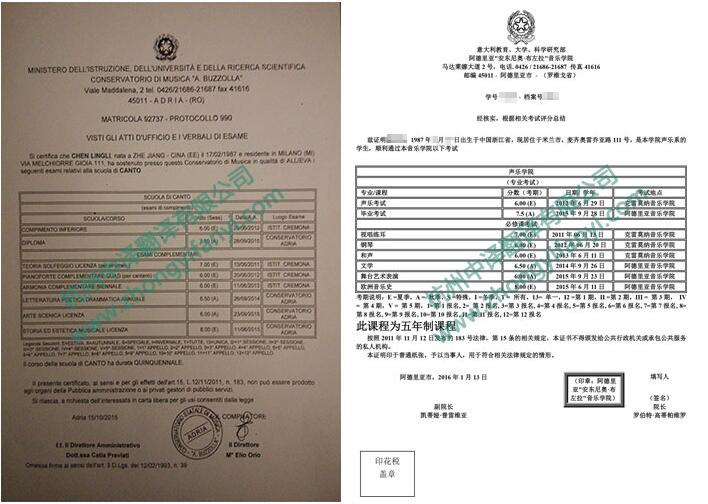 中译杭州翻译公司证件翻译部意大利亚德里亚安东尼奥音乐学院成绩单翻译件模板.jpg