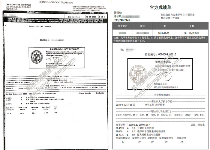 中译杭州翻译公司证件翻译部美国南加利福尼亚大学成绩单翻译件模板.jpg