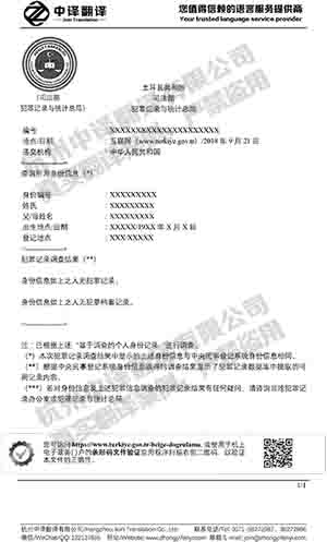 杭州中译翻译-土耳其无犯罪记录证明英语翻译件模板