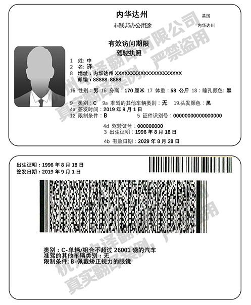 美国内华达州驾照翻译件模板